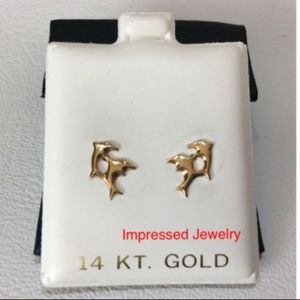 14k Real Gold Double Dolphin Stud Earrings Screw